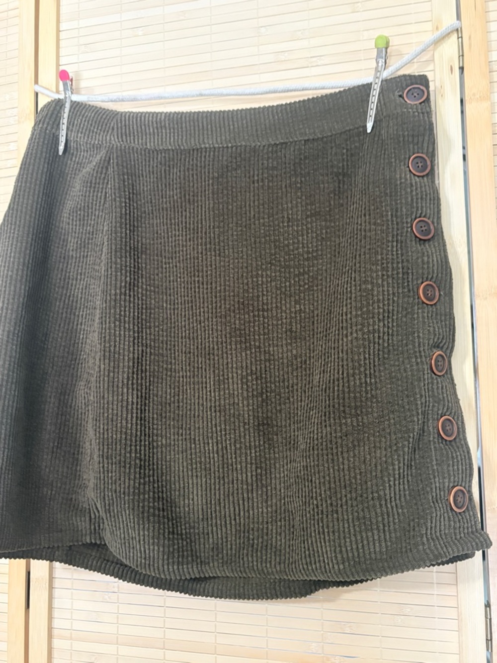 Corduroy Button-Trim A-Line Skirt in Dark Olive